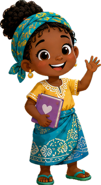 Amina, holding a book and waving