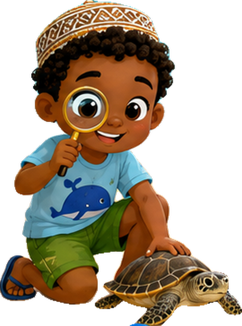 Nuru, with a magnifying glass and a sea turtle