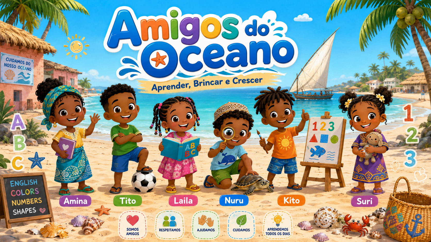 Amina, Tito, Laila, Nuru, Kito and Suri, the six friends of Amigos do Oceano, on a Mozambican beach with a dhow boat and learning symbols